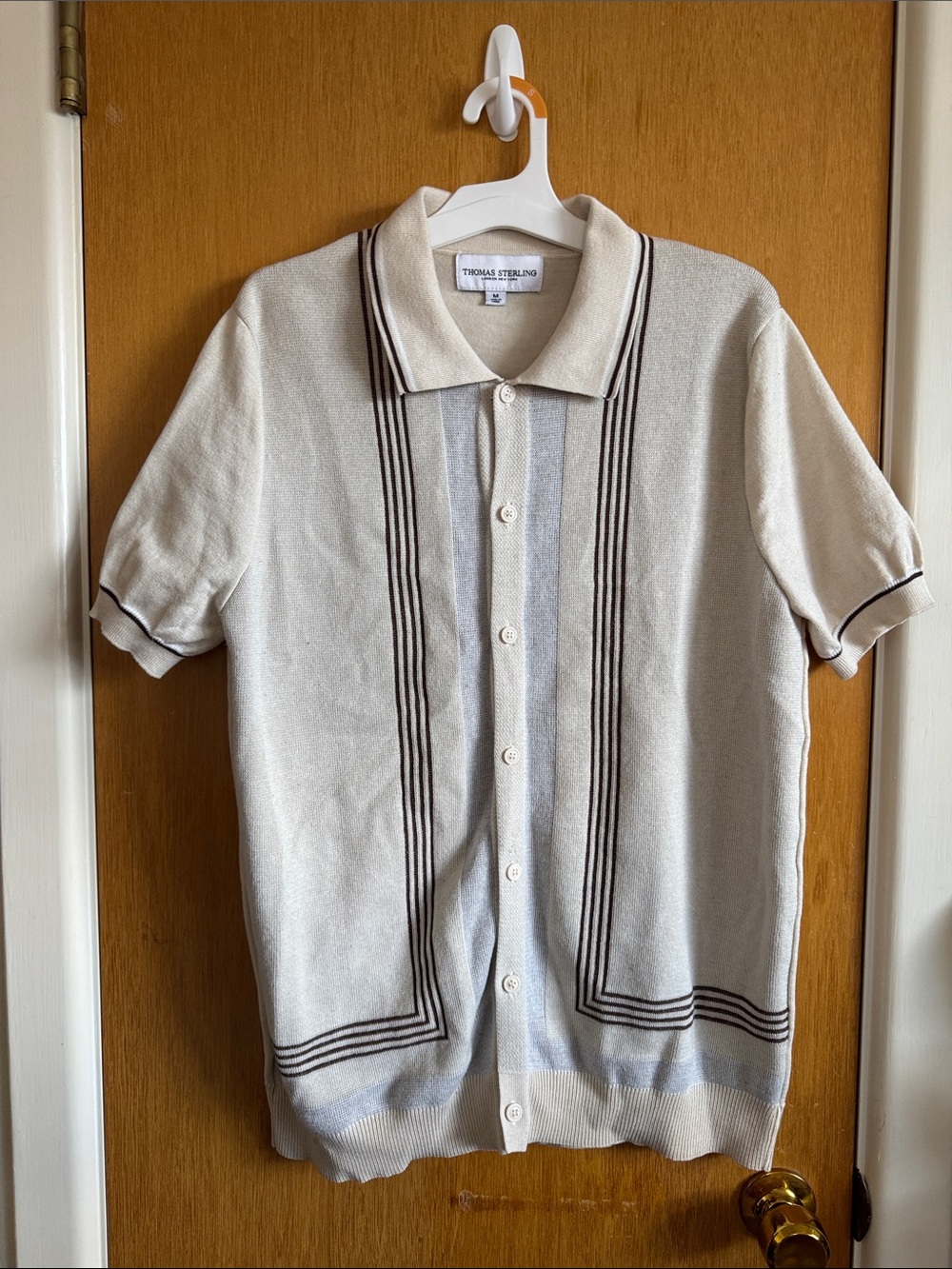 Cream Short-Sleeve Button Polo with Brown Stripe Detail